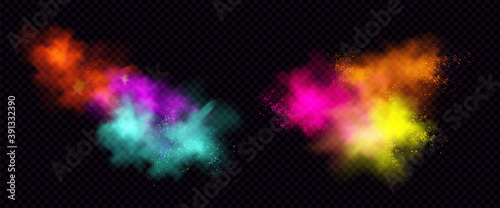 Explosions of color powder or dust with particles. Vector realistic set of paint splashes, burst effect of colorful powder clouds and spray isolated on transparent background