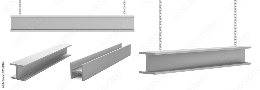 Steel beams, straight metal industrial girder pieces hanging on chains for construction and building works crane lifting iron balks isolated on white background, realistic 3d vector illustration, set - obrazy, fototapety, plakaty 