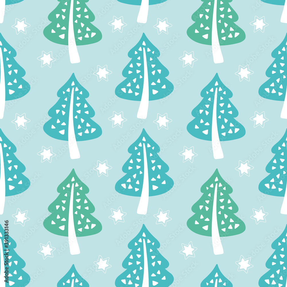 Christmas tree pattern background design, cute seasonal vector seamless repeat of festive trees and stars. Holidays surface illustration.