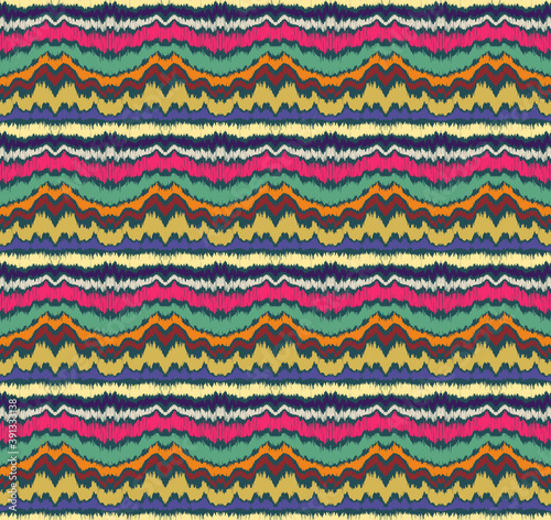 Ikat border. Geometric folk ornament. Ink on clothes. Tribal vector texture. Seamless striped pattern in Aztec style. Ethnic embroidery. Indian, Scandinavian, Gypsy, Mexican, African rug.