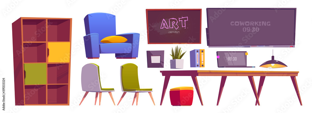Coworking space interior stuff, furniture and equipment laptop, desk, armchairs and blackboard, shelf and stationery, plant working zone, area for art teamwork, freelance workplace cartoon vector set