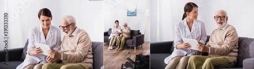 collage of geriatric nurse showing digital tablet to elderly man at home, banner