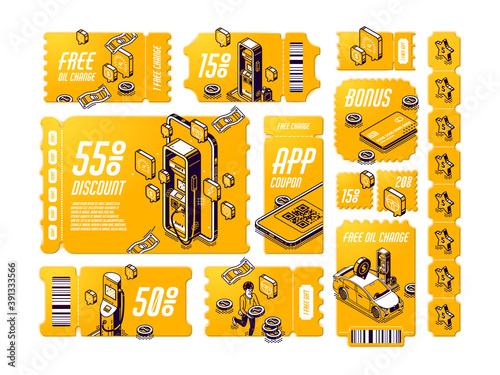 Isometric discount coupons for free oil change, tear-off gift vouchers for car service, off price certificates with gas station and coins, 3d vector line art tickets, offer for vehicle maintenance set
