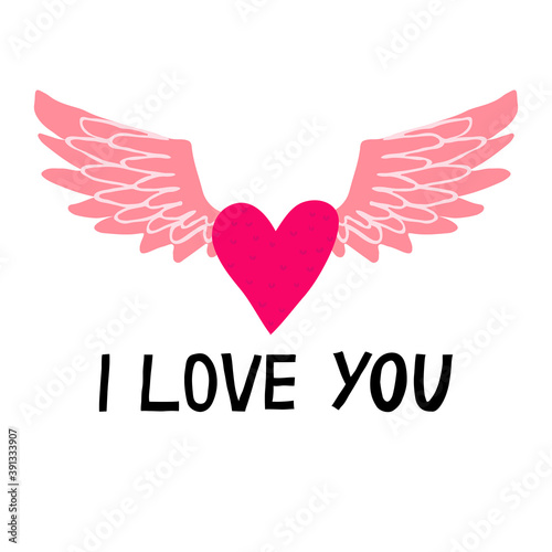 I love you quote and heart shape with wings isolated on white background. Romantic hand drawn design for valentine's day celebration. Sweet greeting card, poster, banner. Doodle vector illustration