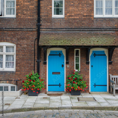 old house with blue doors