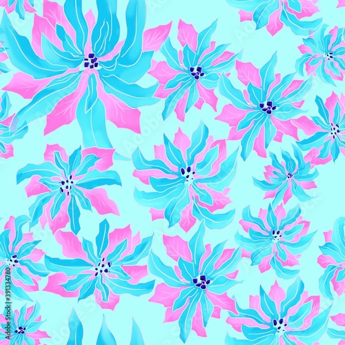 Seamless pattern with blue flowers and pink leafs.