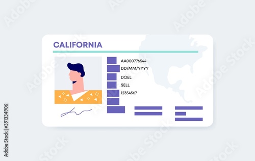 USA ID card template. American identification card with secure pass personal information of character with photo and signature plastic data professional vector badge as working ID of identity.