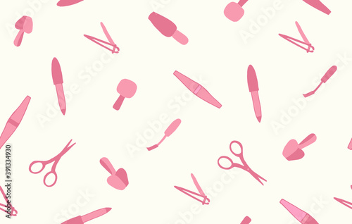 Seamless pattern with a set of manicure tools on a light background. Suitable for beauty salon, nail service, design design, interior, work form, paper.