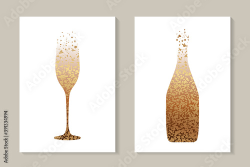 Modern abstract luxury card templates for champagne tasting invitation or bar and restaurant menu or banner or logo with golden glittering glass and bottle on a white background.