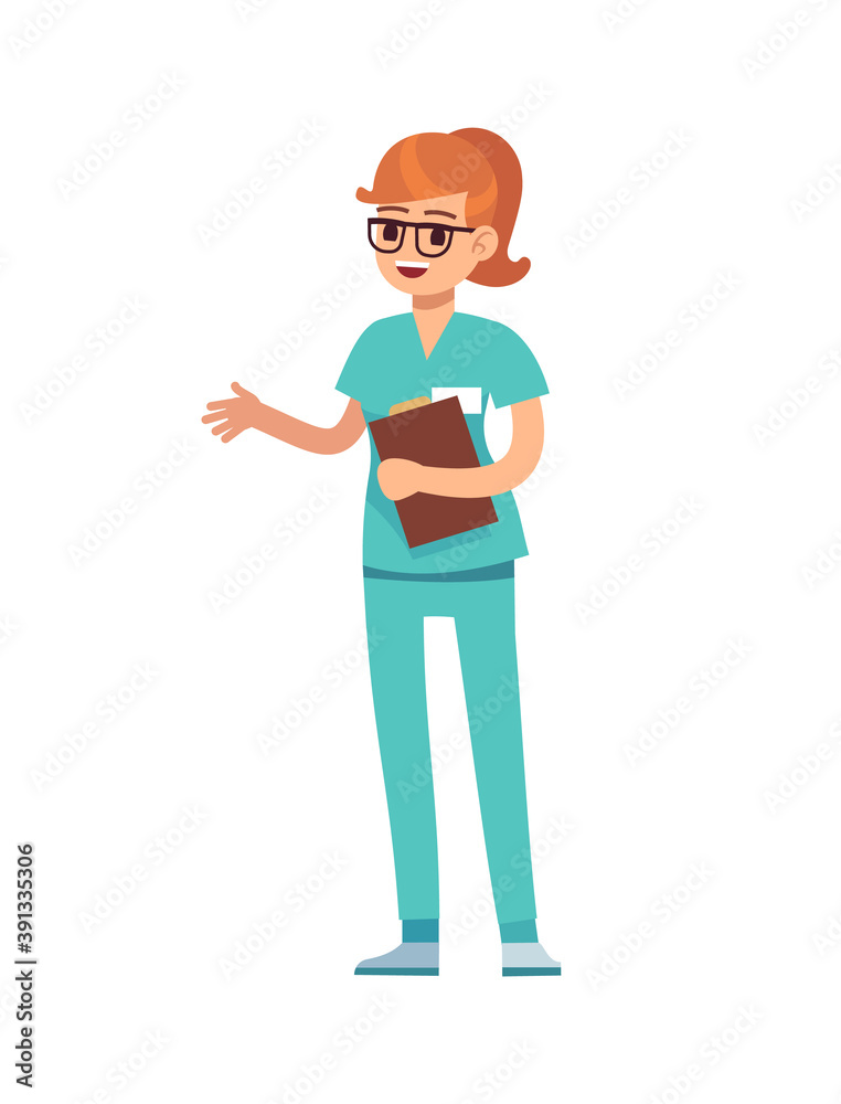 Woman doctor holding clipboard. Female doctor in green uniform, surgeon or pharmacist standing and smiling, dentist professional medic occupation, flat vector cartoon character
