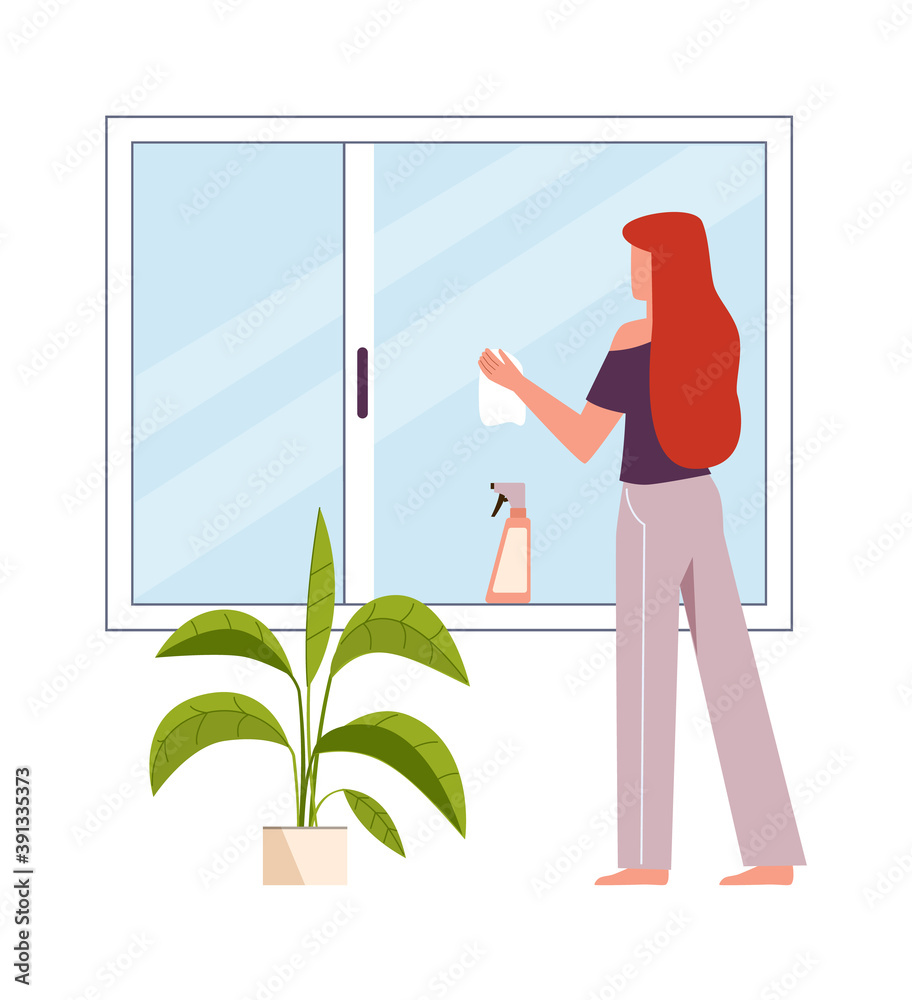 Woman washes window. Female character cleans windows with spray detergent, clean home and housekeep concept. Housework cleaning company service flat vector cartoon isolated illustration