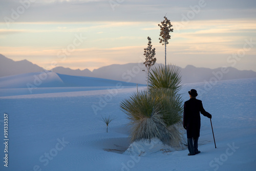 Rear view of man wearing coat and bowler hat standing in snow-covered landscape using cane. photo