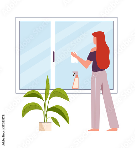 Woman washes window. Female character cleans windows with spray detergent, clean home and housekeep concept. Housework cleaning company service flat vector cartoon isolated illustration