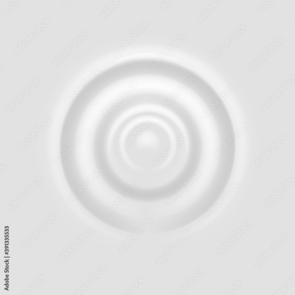 Fototapeta premium Milk splash. Ripple on white surface, realistic drop fall on cream dairy liquid product, rounds on yogurt, lotion or paint, macro view droplet on beverage, circle wave vector illustration