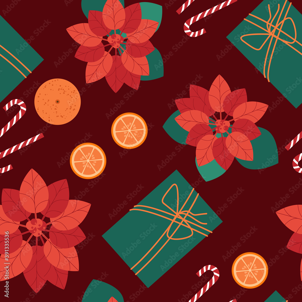 Elegant seamless christmas floral pattern with poinsettia and leaves on white background, vector illustration.