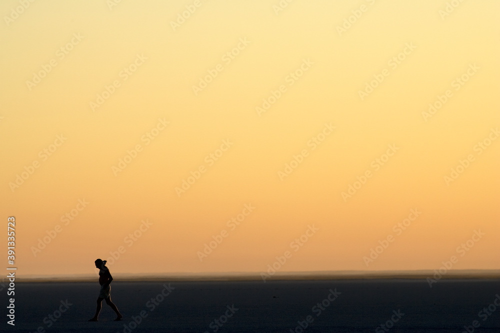 Person walking across the Makadikadi Salt Pans in Botswana, at sunset. Person walking across the Makadikadi Salt Pans in Botswana, at sunset.