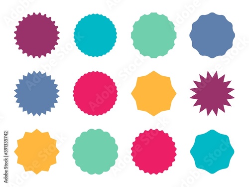 Starburst colorful badges. Color star sticker price tag, sale simple emblem and blank label, round promotion decoration empty element with copy space collection, vector isolated set