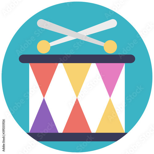 
Festive carnival drums with drumsticks flat vector icon

