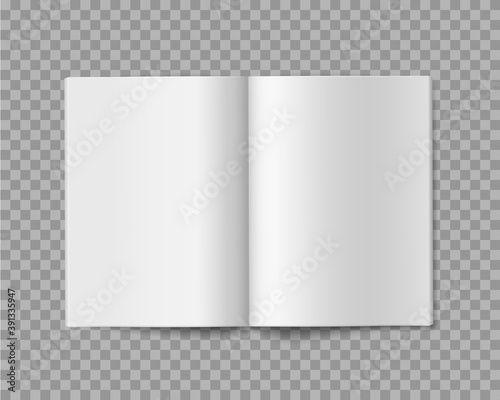 Open book. Realistic blank empty booklet, brochure or magazine template, soft cover album or journal, presentation and advertising paper sheets vector mockup on transparent background
