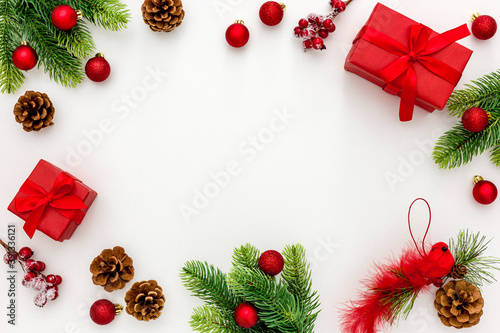 Christmas composition on white background. Flat lay