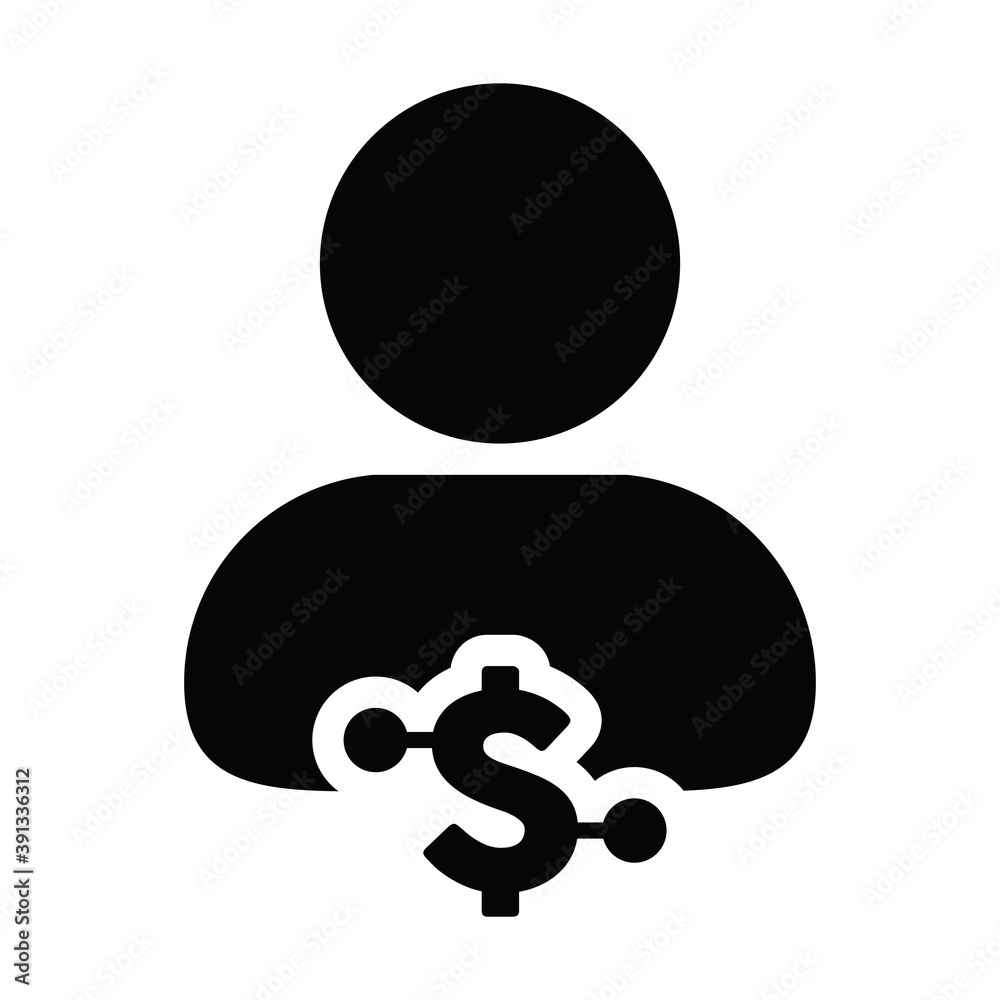 Digital money icon vector dollar currency symbol with male user person profile avatar for digital currency in a glyph pictogram illustration Digital money icon vector dollar currency symbol with male user person profile avatar for digital currency in a glyph pictogram illustration