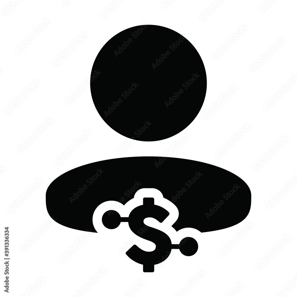 Digital dollar currency icon vector symbol with male user person profile avatar for digital currency in a glyph pictogram illustration Digital dollar currency icon vector symbol with male user person profile avatar for digital currency in a glyph pictogram illustration