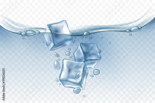 Ice cubes in water. Realistic iced pieces falling in aqua, air bubbles in clear liquid, freshcold soda drink with frozen blocks. Vector isolated on transparent background illustration photo