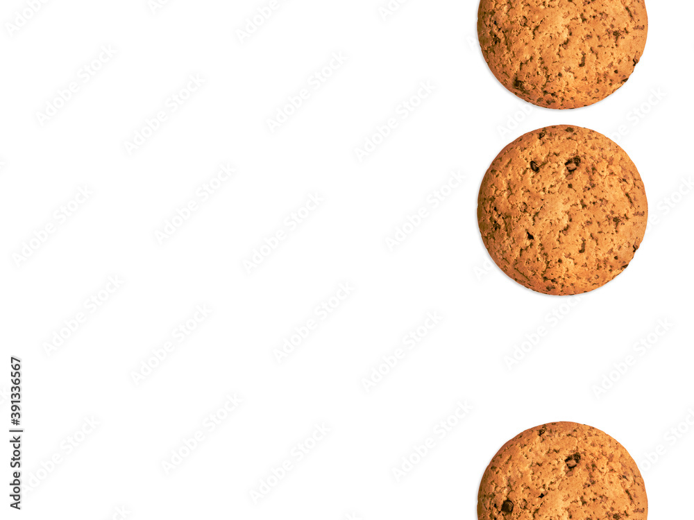 Homemade biscuits Template for posters and banners with copy space Three oat cookies isolated on white background Homemade biscuits Template for posters and banners with copy space Three oat cookies isolated on white background