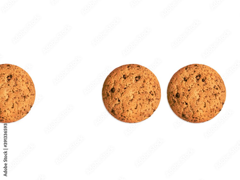 Isolated oat cookies Top view photo with copy space Biscuits with chocolate chips on white backdrop Isolated oat cookies Top view photo with copy space Biscuits with chocolate chips on white backdrop