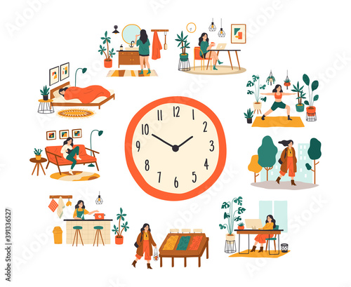 Female routine. Lifestyle activities temporal distribution, young woman daily schedule, life scenes around big clock face. Young woman sleep work and shopping vector cartoon concept