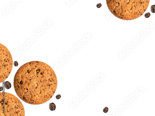 Poster template with cookies and empty space Chocolate chips biscuits with copy beans on white backdrop photo