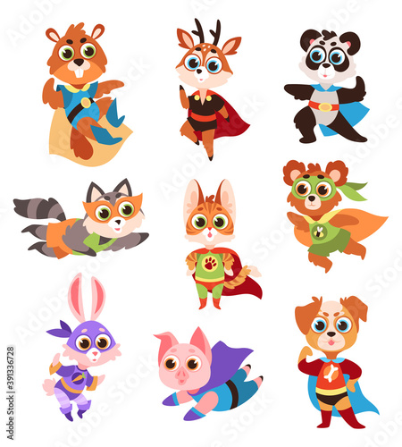 Hero animals characters. Cute children animals superheroes in active poses collection, fun kids creatures panda and raccoon, deer and cat, hare and pig in comics costume flat vector set