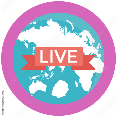
Globe with live ribbon sign, live transmission vector icon
