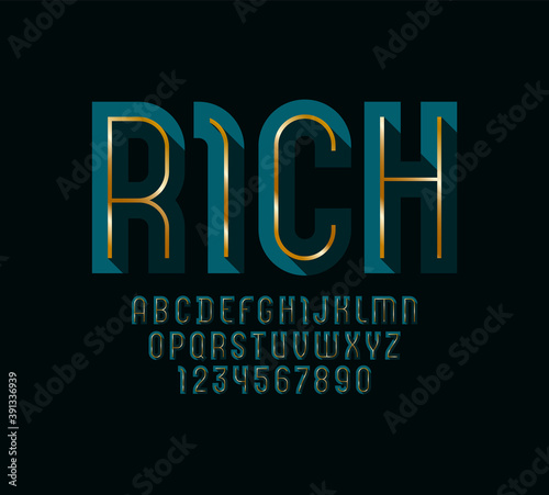 Rich font, modern alphabet with golden wire, letters and numbers, vector illustration 10eps