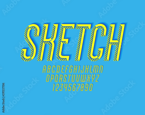 Striped font, trendy flat color alphabet sans serif, modern condensed Latin letters from A to Z and Arab numbers from 0 to 9, vector illustration 10EPS
