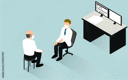 AGA　薄毛治療で医師のカウンセリングを受ける男性　アイソメトリック