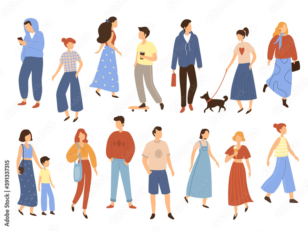 Walking people. Flat men and women with children outdoor street characters, different poses walkers phone talking, moving, standing and eating in summer park. Vector isolated set