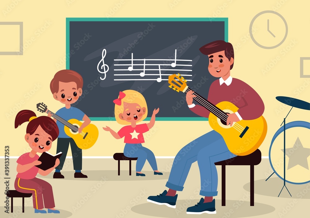 Music class learning. Young students listen teacher. Man with guitar teaches children in