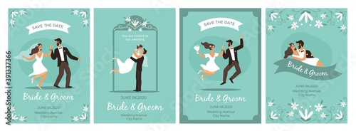 Bride and groom cards. Happy loving couple wedding ceremony, flower framed romantic invitations and greetings collection, marriage celebration party poster vector flat cartoon set