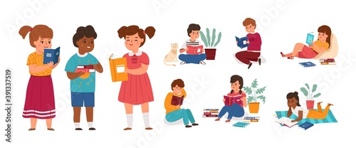 Kids readers. Boys and girls reading books, young literature fans in different poses, students new knowledge learning, bookstore and library concept cartoon vector characters set