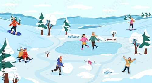 Winter outdoor activity. Snow games on fresh air, children frosty walk, people seasonal activities, snowman modeling, playing snowballs and ice skating, vector christmas postcard © YummyBuum