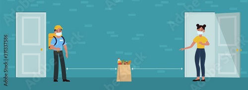 Contactless delivery. Courier and woman in medical masks with grocery products bag near the door, express shipping food, shopping service during covid-19 pandemic vector illustration