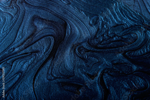 Marble blue shimmer abstract background. Make up concept.Beautiful stains of liquid nail laquers.Fluid art,pour painting technique.Horizontal banner,can be used as backdrop for chat.