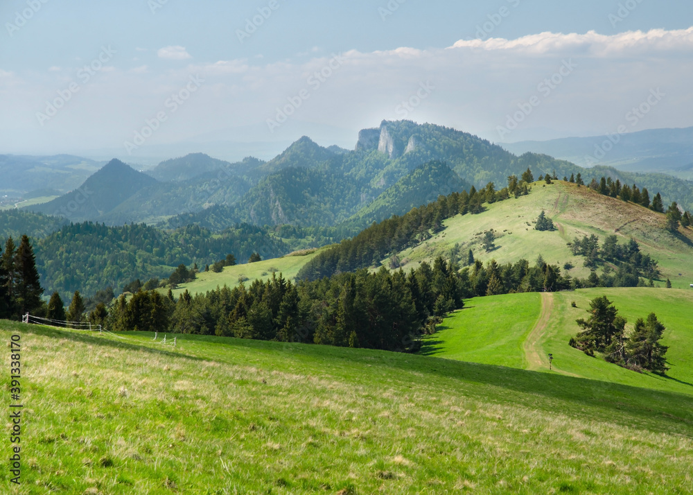 Panoramic view of Mt Three Crowns (Trzy Korony) seen from Mt Durbaszka, Pieniny National Park, Poland