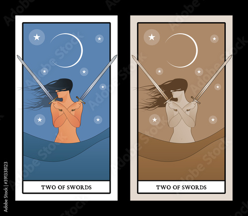 Two of swords. Tarot cards. Wind-haired woman with two swords crossed over her chest, in the sea under the crescent moon..