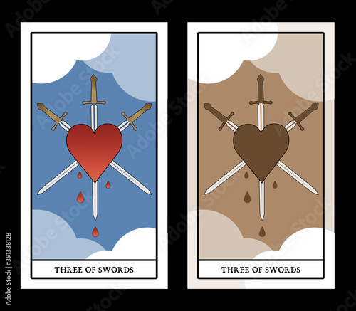 Three of swords. Heart pierced by three swords on clouds background. Blood drops.