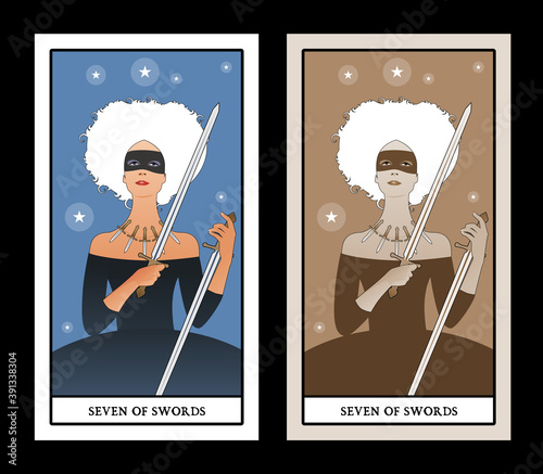 Seven of swords. Impish courtesan. wearing mask and necklace composed of five daggers, grabbing two swords