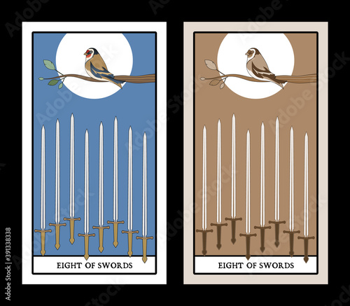 Eight of swords. Tarot cards. Bird on a branch on eight swords