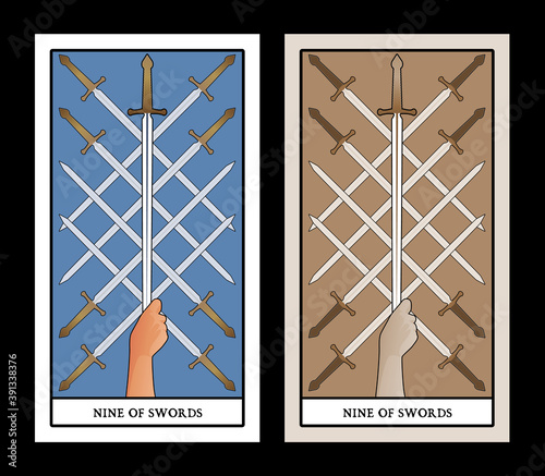 Nine of swords. Tarot cards. Eight crossed swords and a hand grasping a sword tip