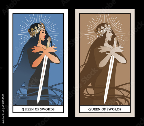 Queen of Swords with spades crown, holding a sword surrounded by her long hair. Minor arcana Tarot cards. Spanish playing cards